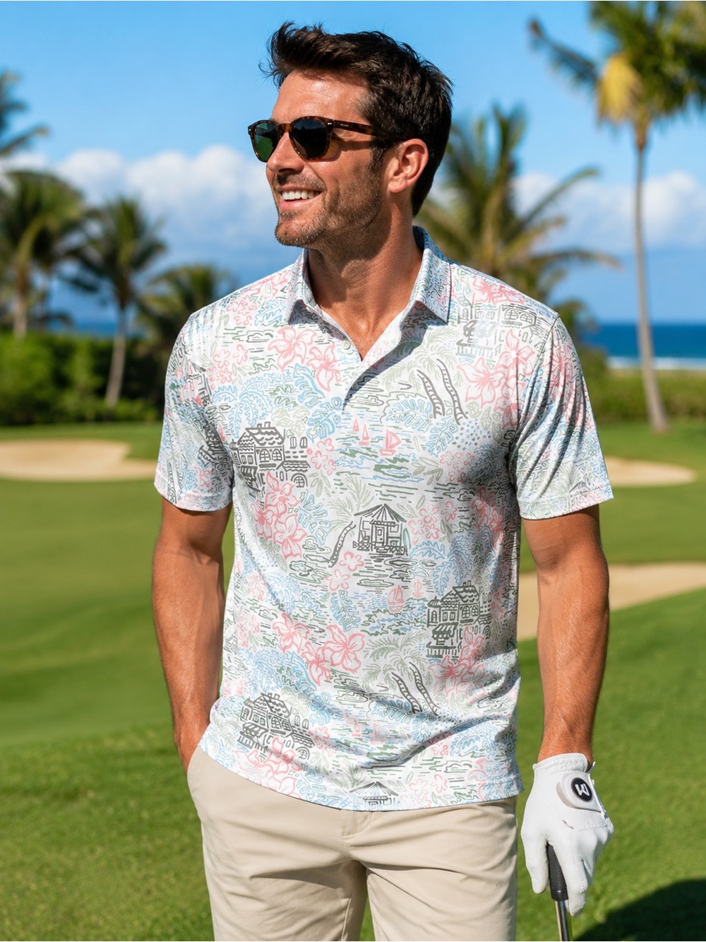 Rorie Whelan Tropical Golf Polo Shirt NWT Men’s Small UPF 50 Coastal Print